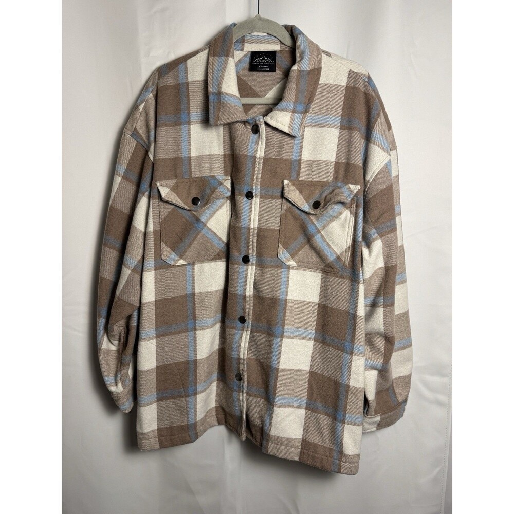 HFX Blue Brown Size XXL Soft Flannel Buffalo Plaid Womens Snap Button Shacket